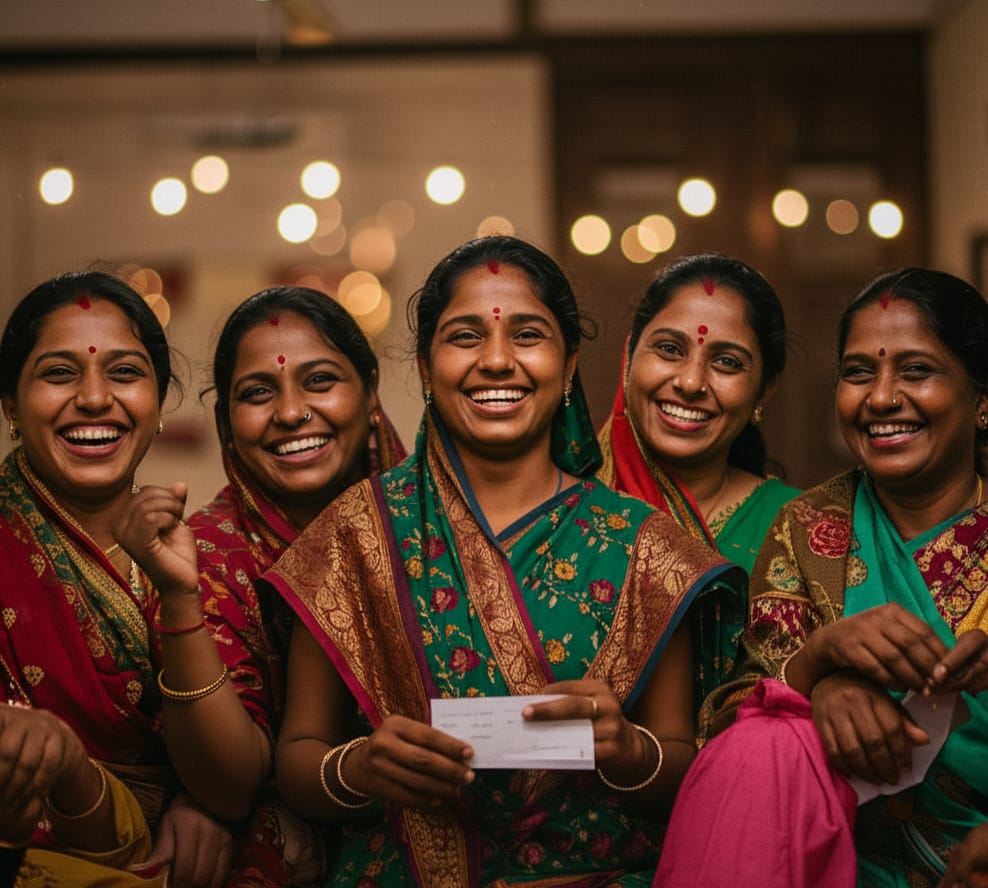 Smiling group of Marathi women holding a check.